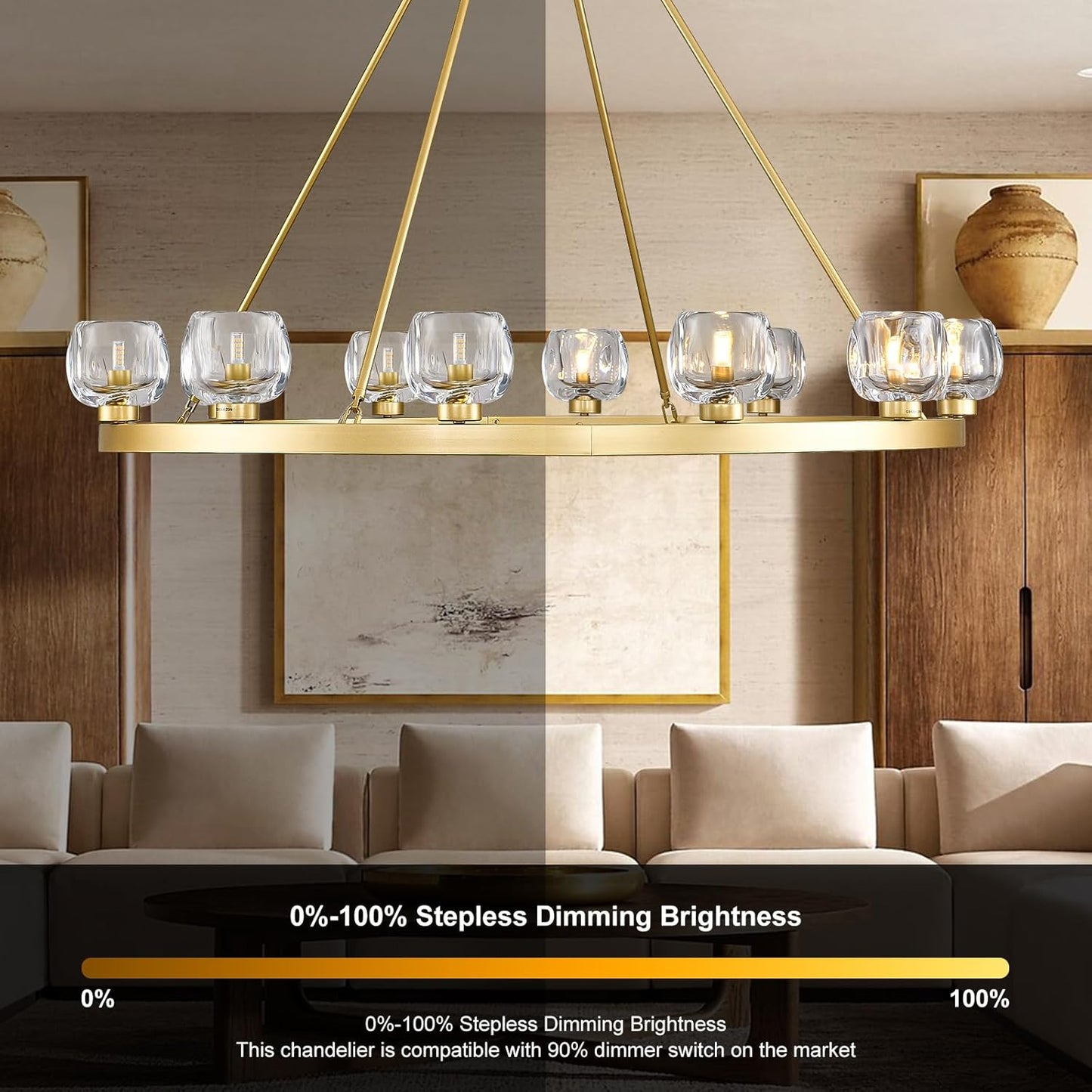 Gold Wagon Wheel Chandelier, 48 Inch Brass Chandeliers with Unique Glass Shade, 12-Light Crystal Large Wagon Wheel Chandeliers for Dining Room, High Ceiling Round Chandelier for Living Room, Foyer