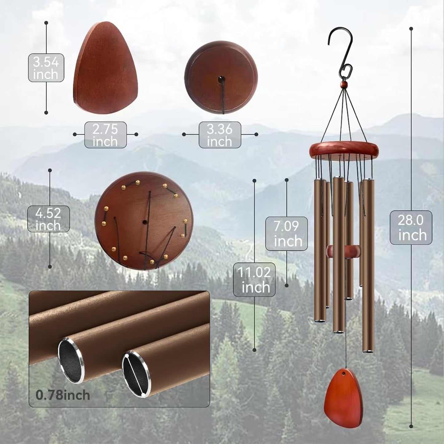 28" Wind Chime for Mothers Day, Decorative Wind Chimes for Outside, Memorial Windchimes Remembrance Gift for Women Mom Grandma, Metal Wind Chimes Outdoor Decor for Garden Patio Zen(Coffee)