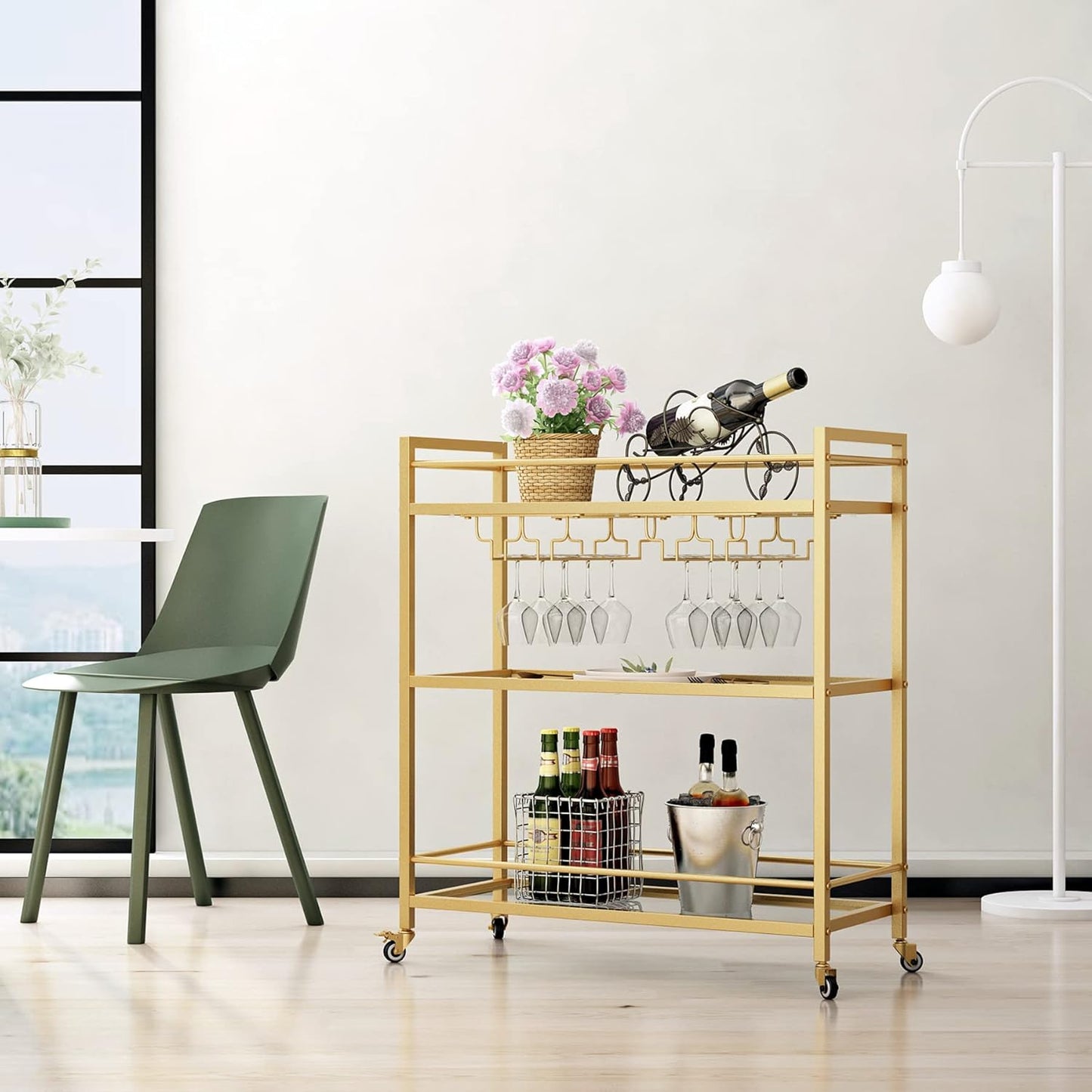 Glass Gold Bar Carts for Home with Hanging Wine Rack - Home Bar Serving Cart with 3 Mirrored Shelves, Kitchen Bar Carts, Wine Cart for Entertaining, Club Party.