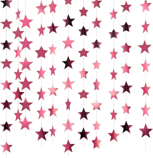 Patelai Glitter Star Garland Banner Decor 130 Feet Star Hanging Bunting Banner Twinkle Backdrop for Homecoming Classroom Wedding Birthday Halloween Christmas Party Supplies(Rose Pink)
