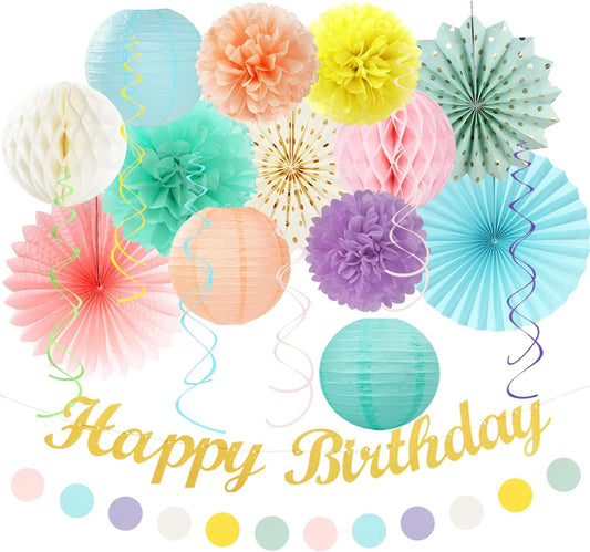 Pastel-Rainbow Classroom Girls Birthday Party-Decorations - 21pcs Happy Banner Decor, Colorful Paper Streamers Lanterns,Tissue Pom Poms Fan,Hanging Honeycomb Garland, Two Sweet Easter Supplies Huglony