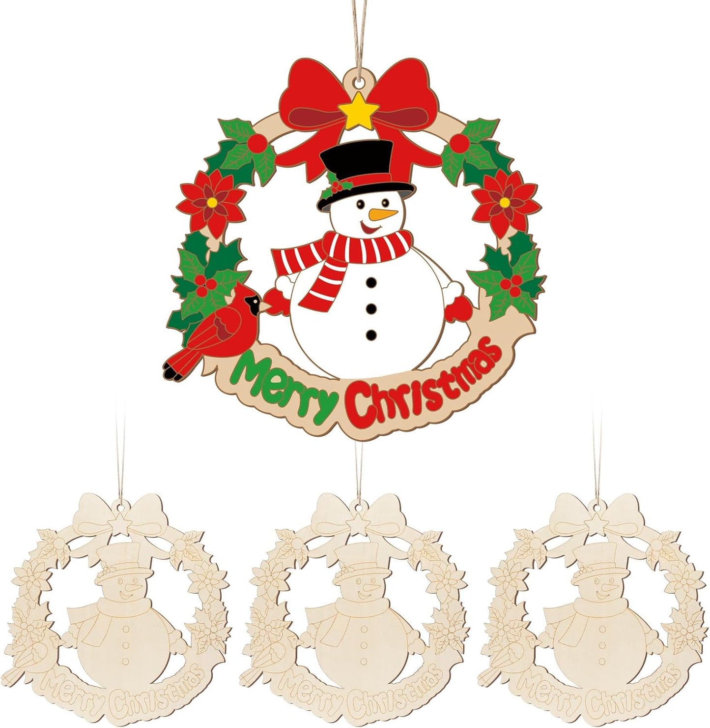 Paintable Christmas Ornaments 3 Sets, Wooden Snowman Ornaments to Paint, Unfinished Christmas Snowman Wreaths Wood Crafts for Painting, Wood Cutouts DIY Xmas Ornament for Door Decor (Snowman