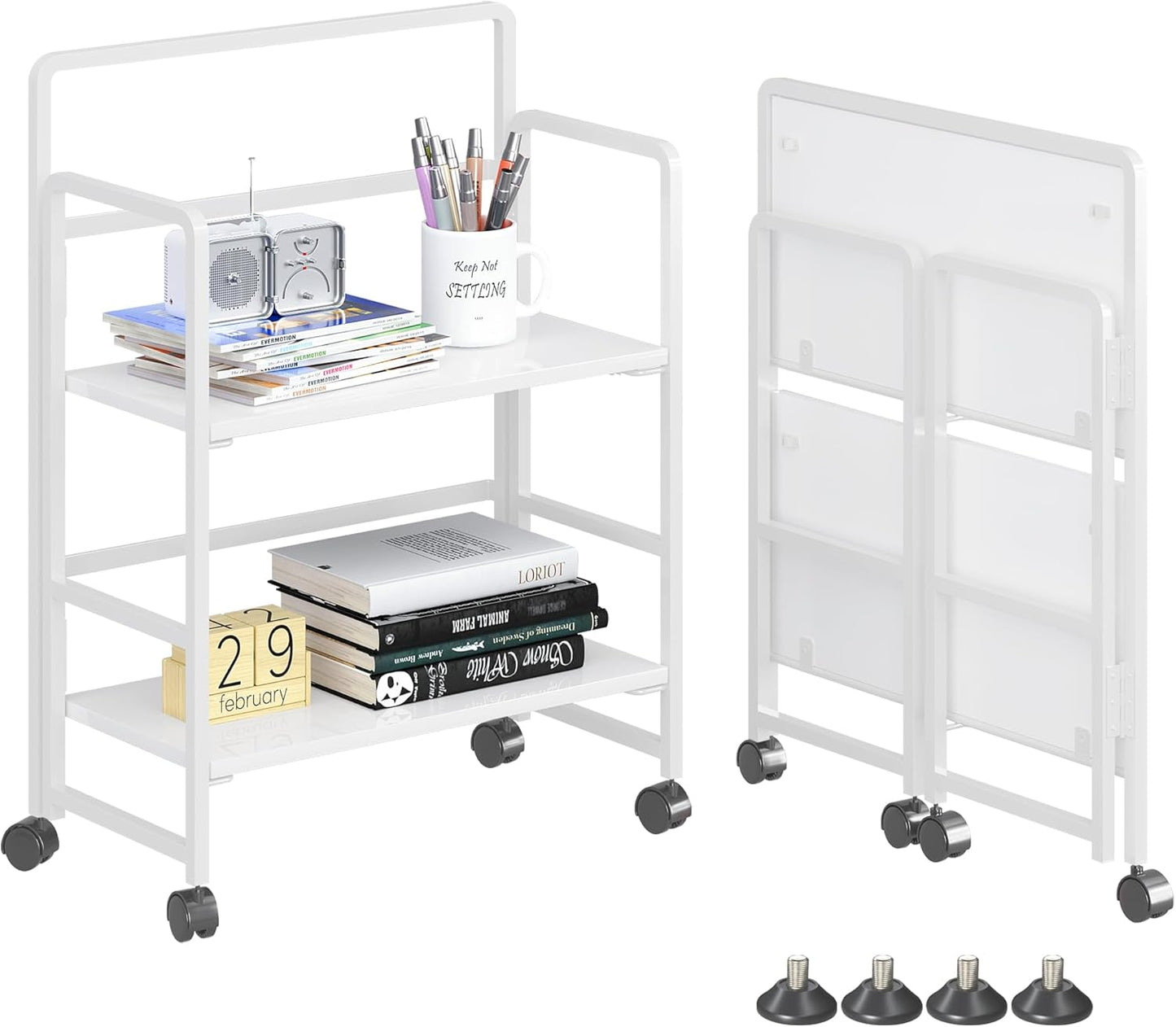 4NM 2 Tiers No-Assembly Folding Bookshelf with Wheels, Portable Rolling Storage Bookcase & Compact Side Table for Living Room, Bedroom, Kitchen, Bathroom (All White)