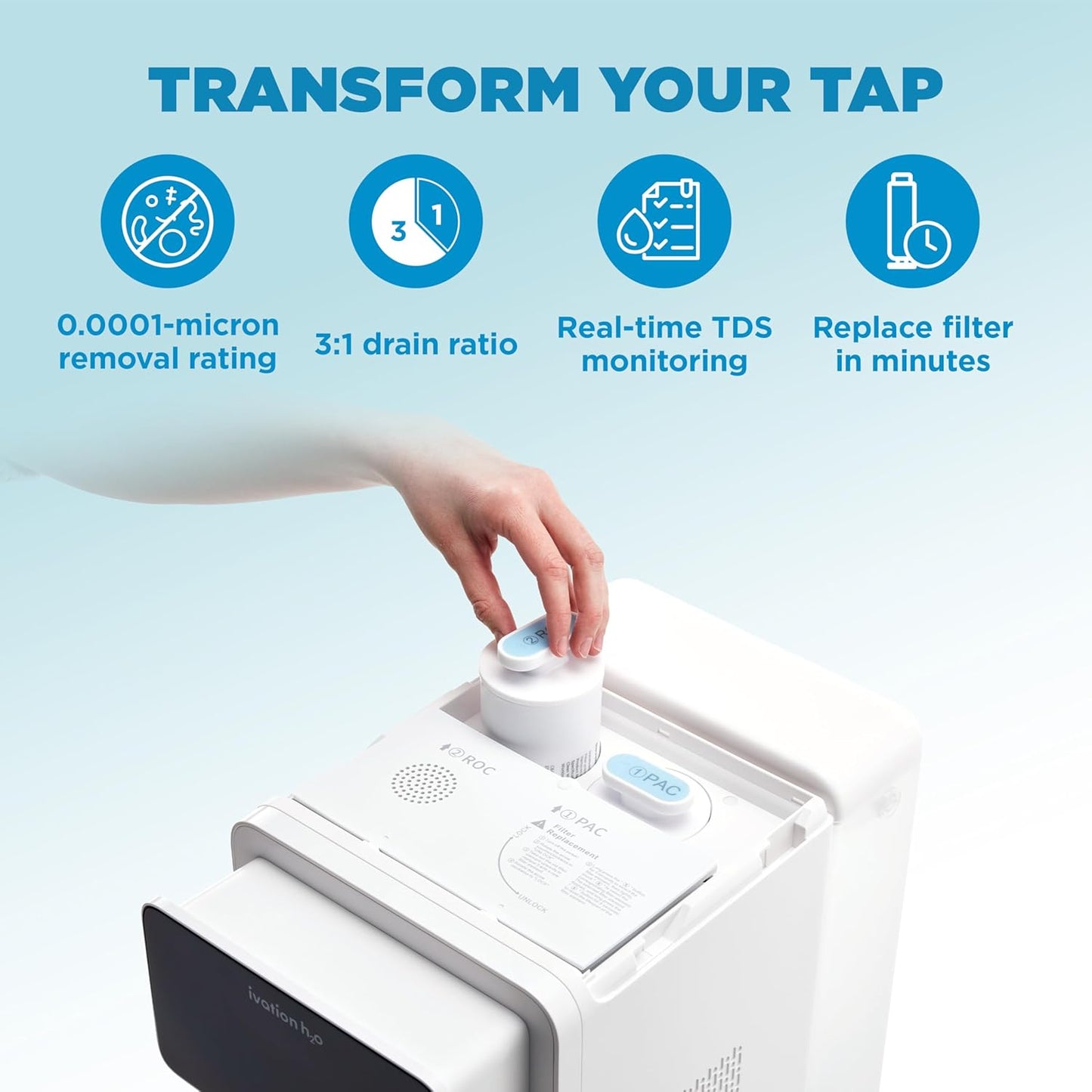 Ivation H2O Hot & Cold Countertop, Reverse Osmosis Water Filter, TDS Filter System, 4 Stage RO Water Filtration, 6 Temperature Presets, 3:1 Pure to Drain, Portable Plug-and-Play - White