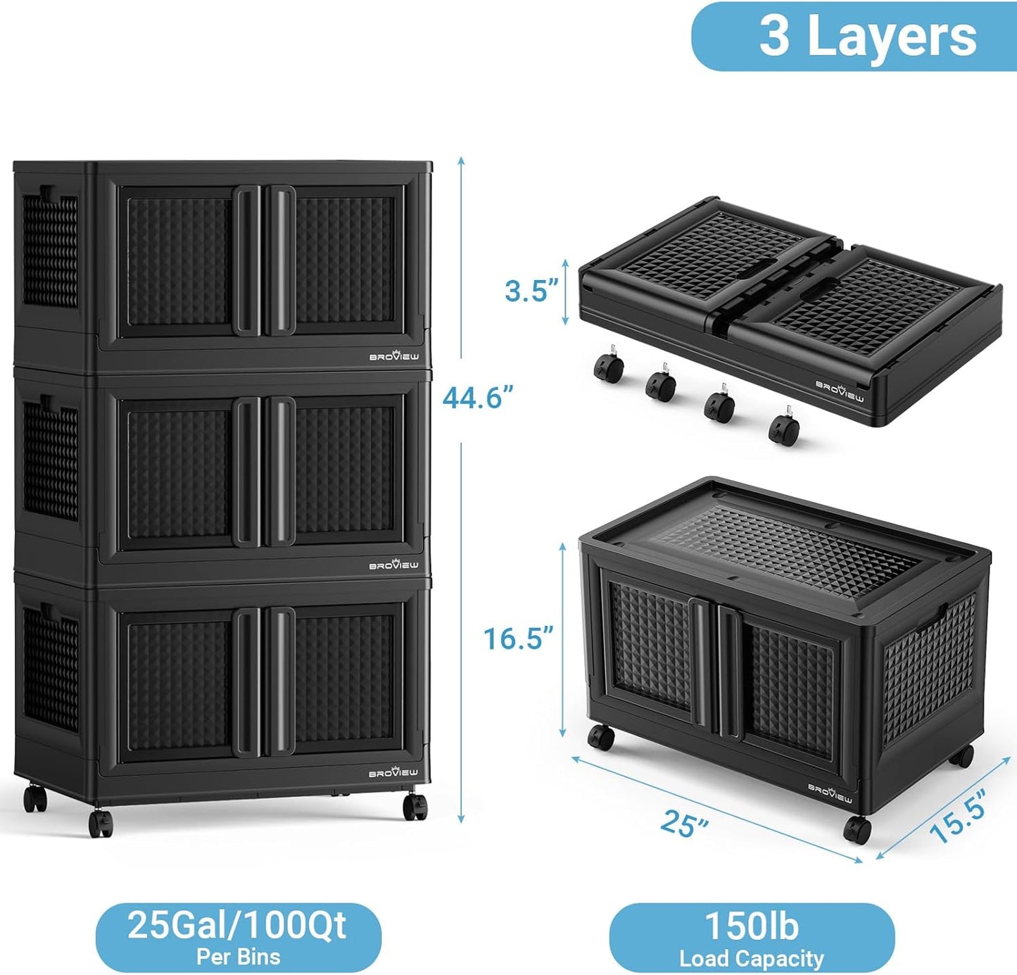 300Qt Stackable Storage Bins with Lids, 75Gal Closet Organizers and Storage Drawer, Plastic Collapsible Storage Bins with Doors, Heavy Duty Store Box Cabinet for Home Kitchen, 3Pack Black