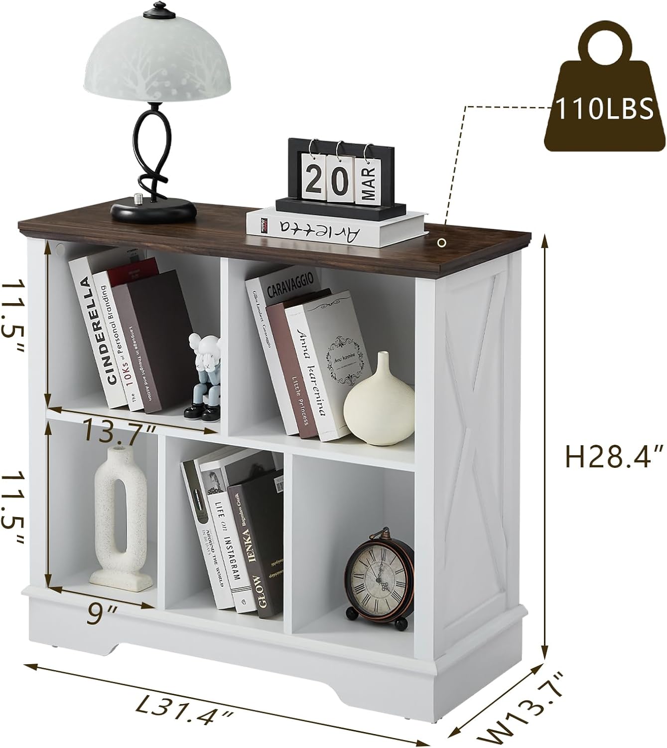 Farmhouse 5 Cube Bookshelf, White Storage Organizer Bookcase, Kids Toy Storage Cabinet, Small Bookshelves Storage Organizer Shelf, Wood Display Cabinet Book Shelves for Bedroom,Living Room,Office