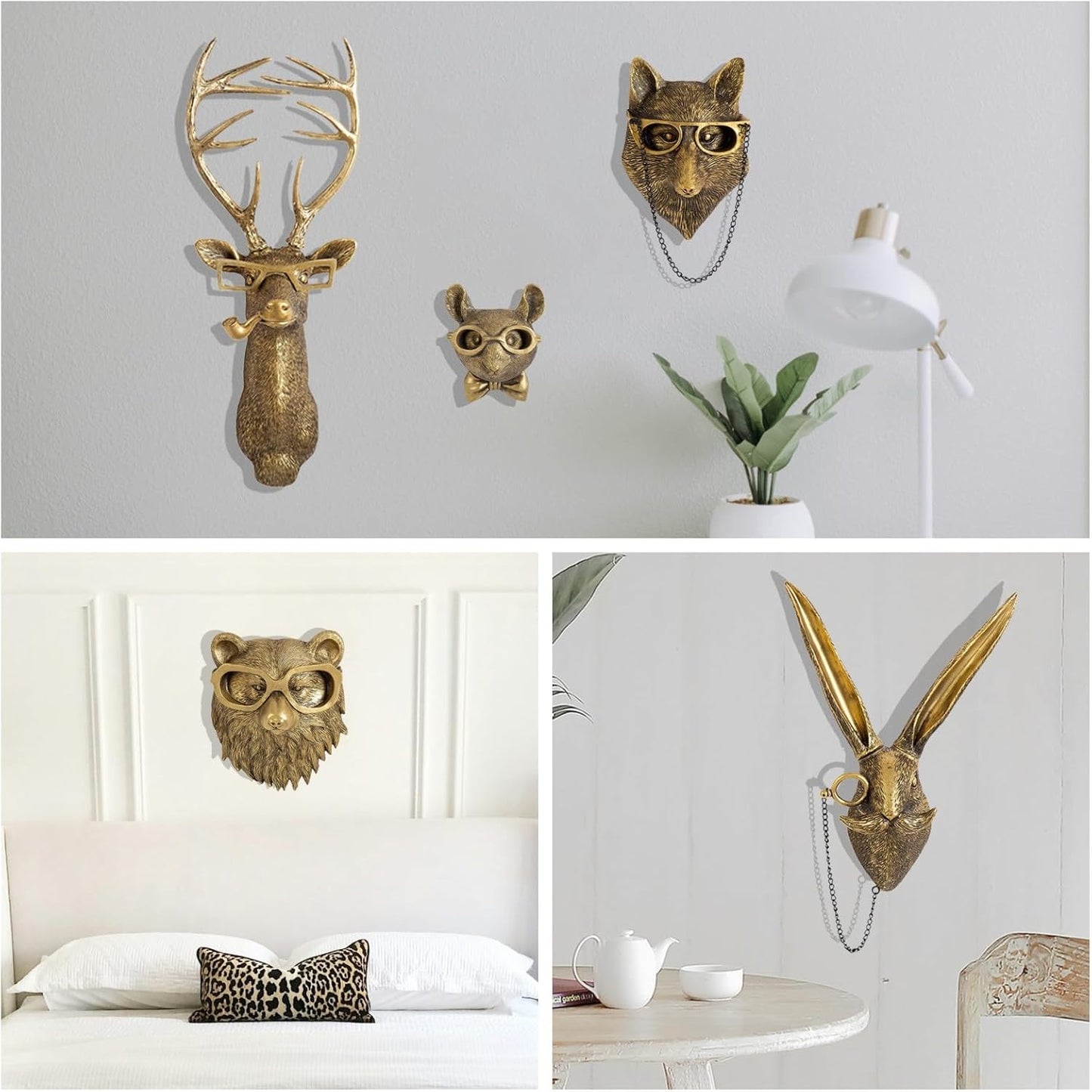 GUASDIE Animal Heads Wall Decor, Faux Deer Head Mount, Animal Sculptures Wall Decor, Resin Animal Head Wall Hanging Decoration for Living Room Bedroom Kitchen Gift,5pcs, 1587574779-65291236