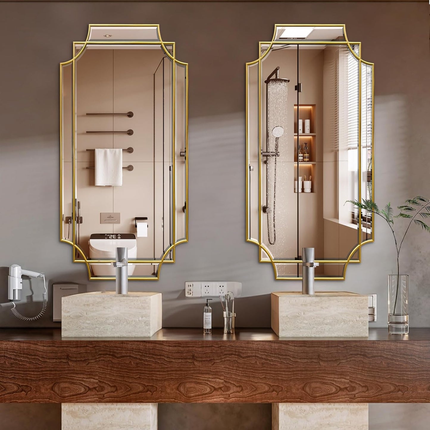 Wall Mirror Full Length, 47" x 24" Gold Framed Full Body Mirror, Scalloped Beveled Polished Decorative Mirrors, Large Rectangle Irregular Wall Mirror for Bathroom/Bedroom/Living Room/Entryway