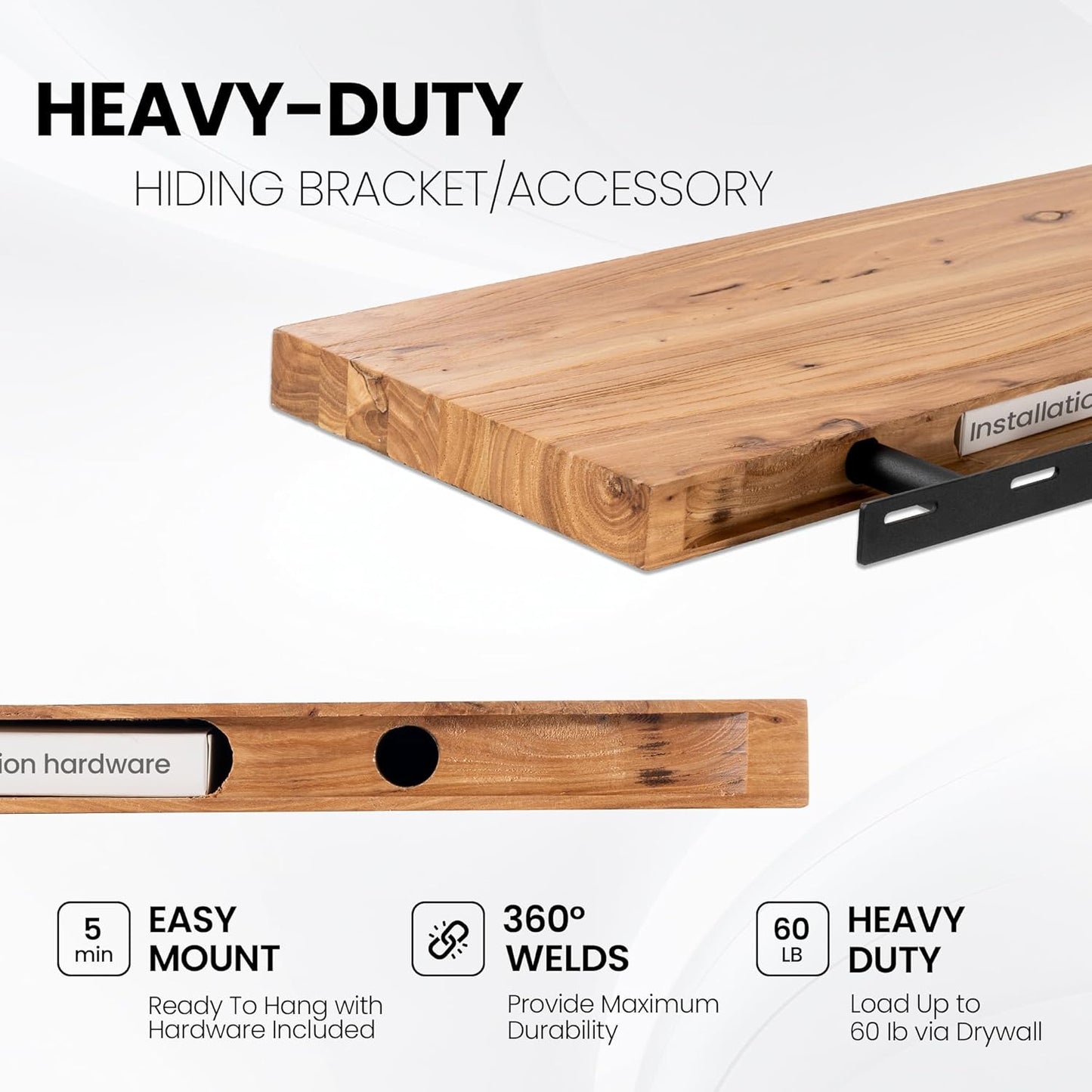 Fun Memories Floating Shelves for Wall, 36"x9.3" Rustic Solid Elm Wood Shelves, Heavy-Duty Wall Mounted Shelf with Invisible Brackets, Set of 2 for Living Room, Bedroom, Kitchen, Natural Finish