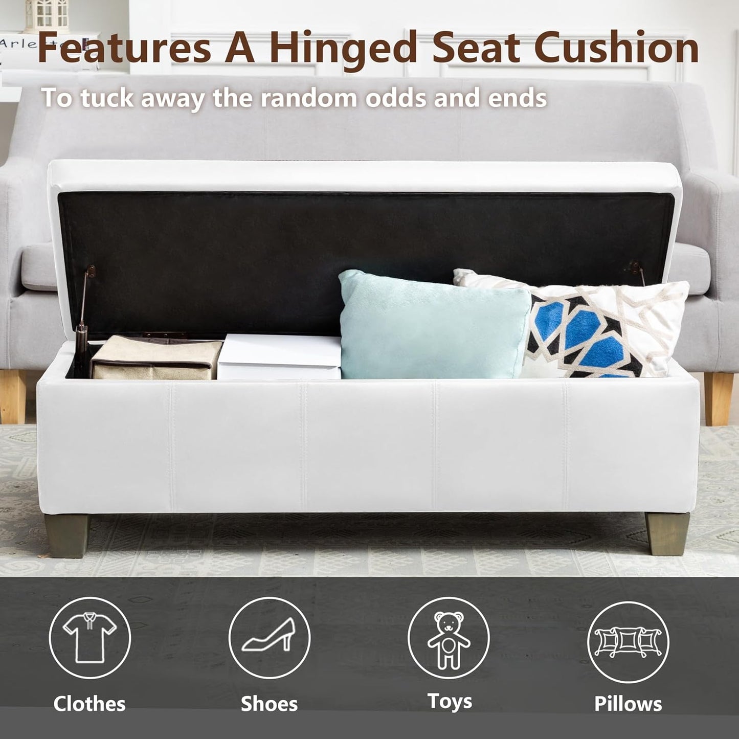 51 Inch Faux Leather Ottoman with Storage, End of Bed Bench with Large Storage, Rectangular Extra Long Bench for Bedroom and Living Room, White