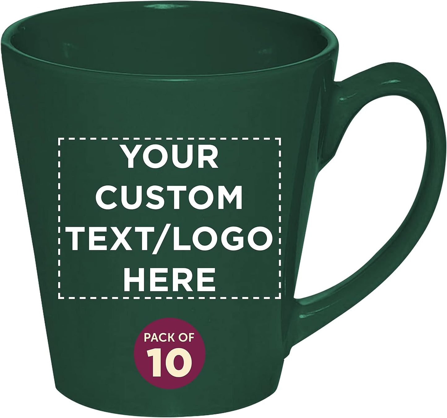 DISCOUNT PROMOS Custom Glossy Ceramic Latte Coffee Mug 12 oz. Set of 10, Personalized Bulk Pack - Perfect for Tea, Espresso, Cappuccino, Hot Cocoa - Green