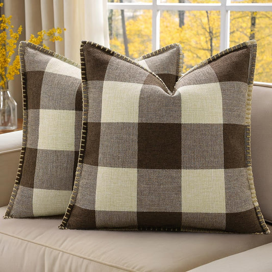 decorUhome Buffalo Plaid Check Throw Pillow Covers 20x20 Set of 2, Outdoor Decorative Farmhouse Neutral Pillow Covers with Stitched Edge for Bed Couch Sofa, Brown and Beige