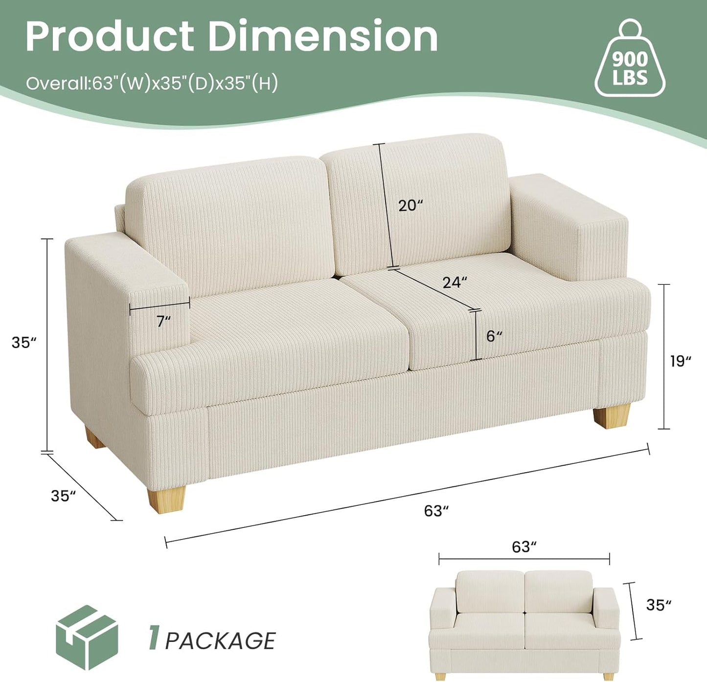2 Pieces Corduroy Couch Set for Living Room, 5 Seats Cloud Sofa, Deep Seat Floor Couch for Bedroom, Futon Modern Sofa Bed, White Corduroy