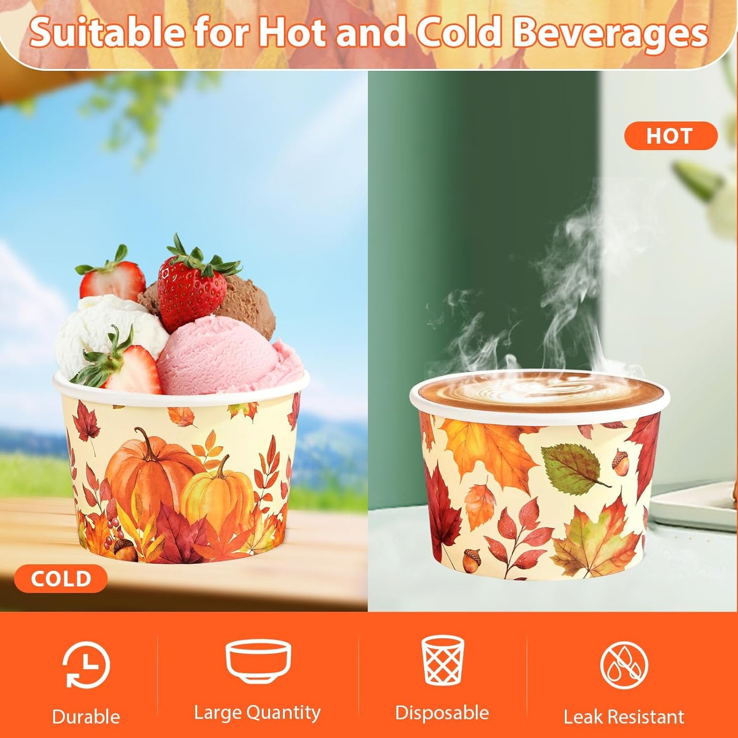 Grencian 120 PCS Fall Paper Cups 12 oz Maple Leaves Pumpkin Snack Bowls Disposable Autumn Thanksgiving Dessert Cups for Fall Thanksgiving Halloween Harvest Party Snacks Candies Party Supplies