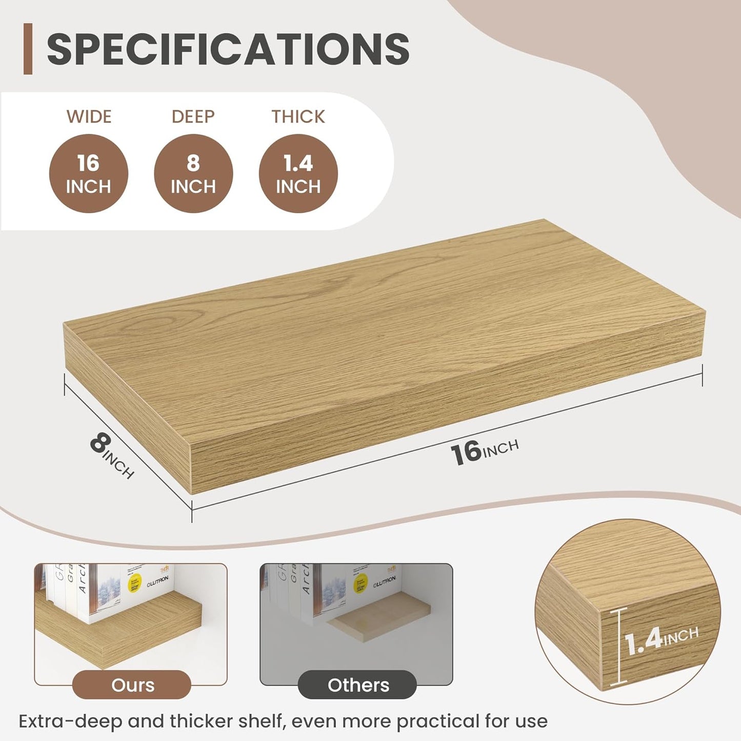 16 Inch Floating Shelves, 8 Inch Deep Floating Shelves for Wall, Hanging Shelf with Invisible Brackets, Deep Shelves for Bathroom, Bedroom, Living Room, Oak, Set of 2