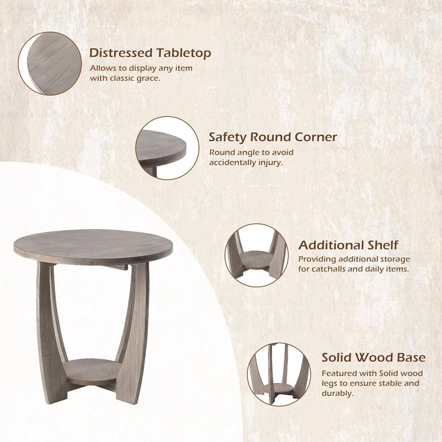 Rustic Farmhouse End Table with Storage Shelf, French Country Accent Side Table for Family, Dinning or Living Room, Small Spaces, Modern, Round, Vintage Grey Finish