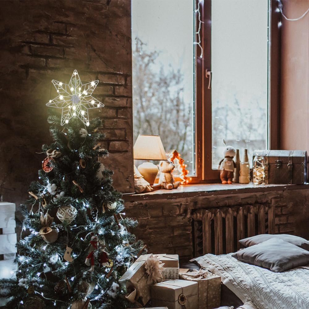 YEAHOME Christmas Tree Topper, Silver Glittered Hollow 7-Point Star Tree Topper, Lighted Wire Star with 20 LED Lights for Christmas Treetop, Xmas Tree Topper with Timer, Christmas Tree Decorations