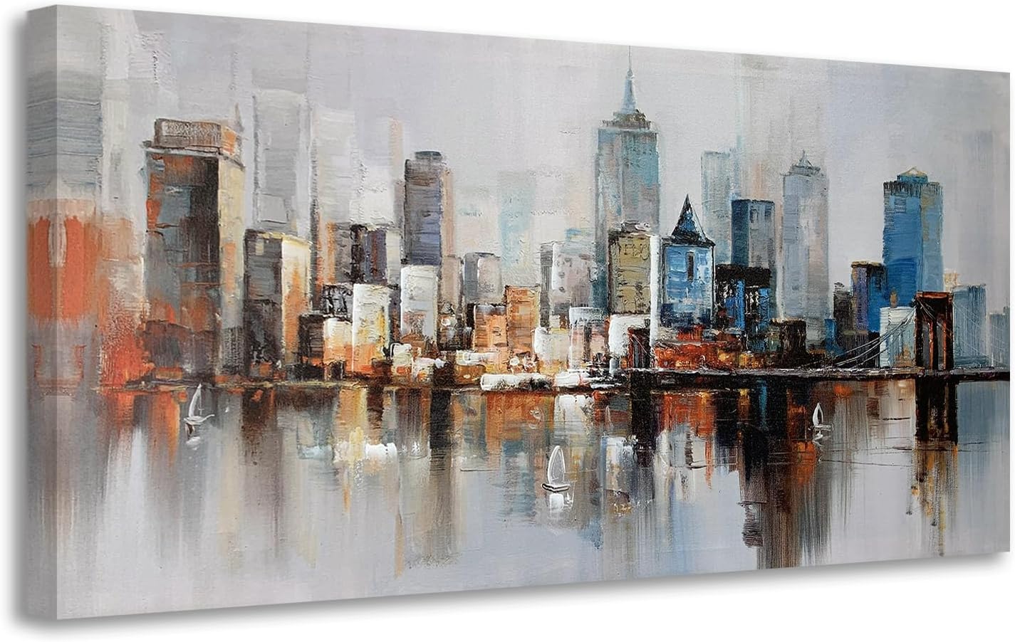 Arjun Brooklyn Bridge Wall Art Modern New York City Abstract Canvas Cityscape Painting Large Size Framed, Colorful NYC Skyline Textured Picture for Living Room Bedroom Home Office Wall Decor, 40"x20"