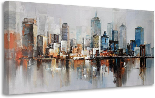 Arjun Brooklyn Bridge Wall Art Modern New York City Abstract Canvas Cityscape Painting Large Size Framed, Colorful NYC Skyline Textured Picture for Living Room Bedroom Home Office Wall Decor, 40"x20"