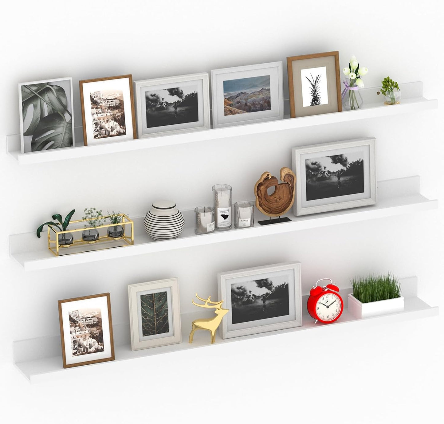 Giftgarden 47 Inch White Floating Shelves for Wall Mount, Modern Long Wood Wall Shelf Ledge for Bathroom Bedroom Living Room Kitchen Nursery Storage, Set of 3 Different Sizes