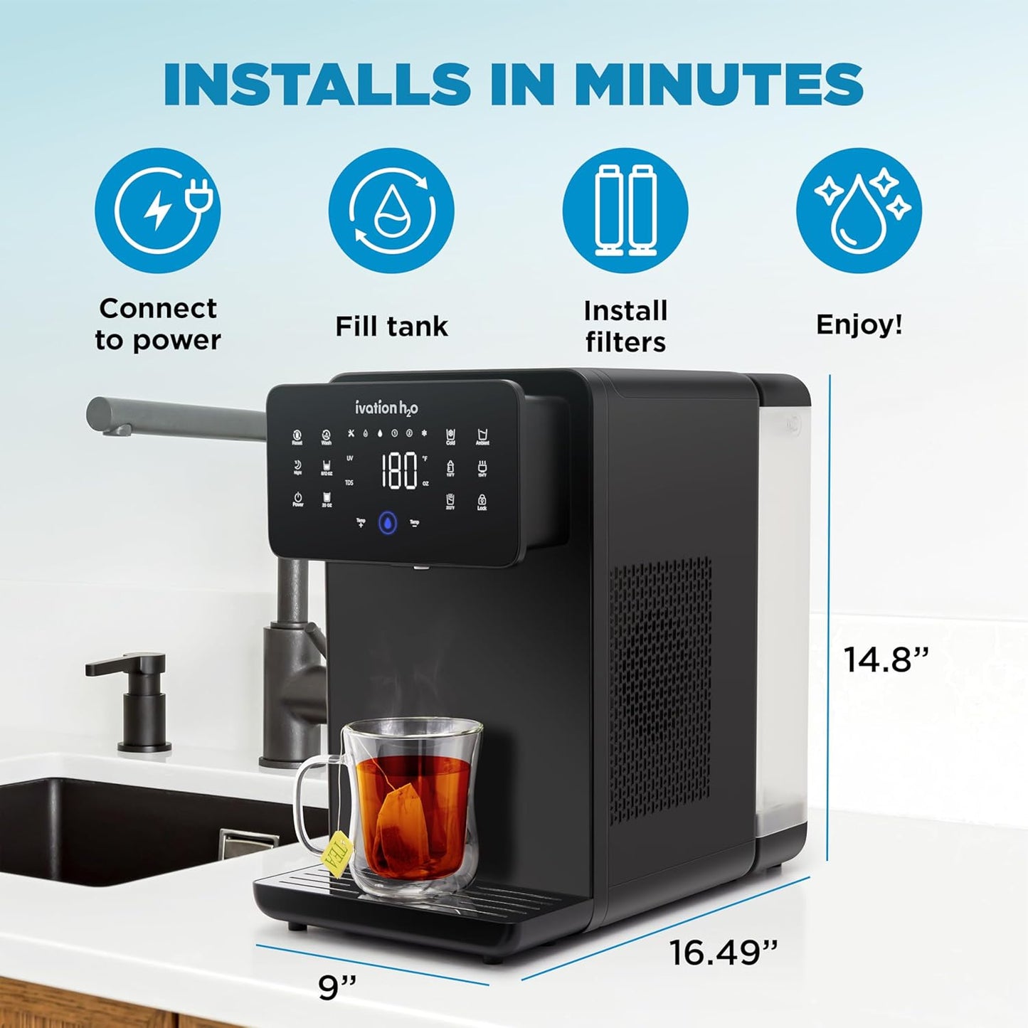 Ivation H2O Hot & Cold, Countertop Reverse Osmosis System, TDS Filter System, 4 Stage RO Water Filtration, 6 Temperature Presets, 3:1 Pure to Drain, Portable Plug-and-Play - Black