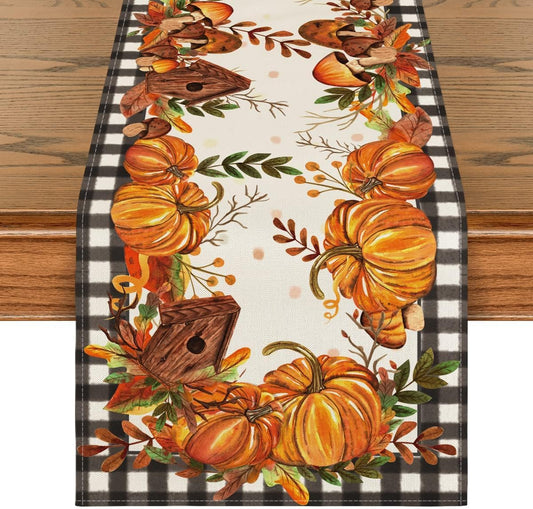 Artoid Mode Buffalo Plaid Pumpkins Mushrooms Birdhouse Leaves Table Runner, Seasonal Fall Harvest Vintage Kitchen Dining Table Decoration for Indoor Outdoor Home Party Decor 13 x 72 Inch