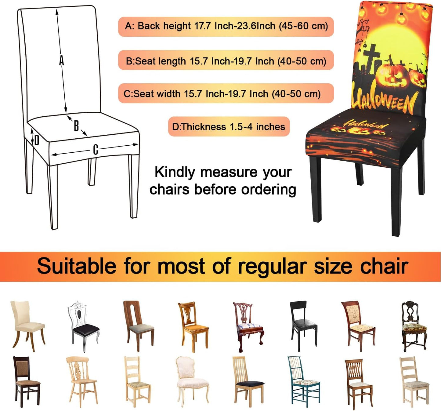 JQinHome Orange Halloween Chair Slipcover, Pumpkin Chair Covers Set of 4, High Stretch Washable Chair Protector Cover for Dining Room, Kitchen,Home Party,Wedding Ceremony(Orange,4PC)