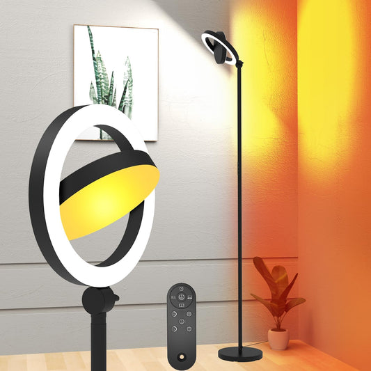 36W Bright LED Floor Lamp for Living Room with Remote, 75.5 Inch Tall Stepless Dimmable Standing Lamp for Office, Torchiere Floor Lamp with 2 Rotatable Lights 1900K-6500K for Bedroom