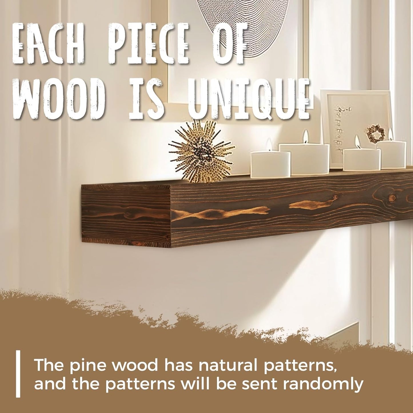 72x8x3 Fireplace Mantel - Handcrafted Hollow Rustic Solid Wood Wall Mounted Floating Shelf with Invisible Heavy Duty Wood Bracket (Weathered Brown)