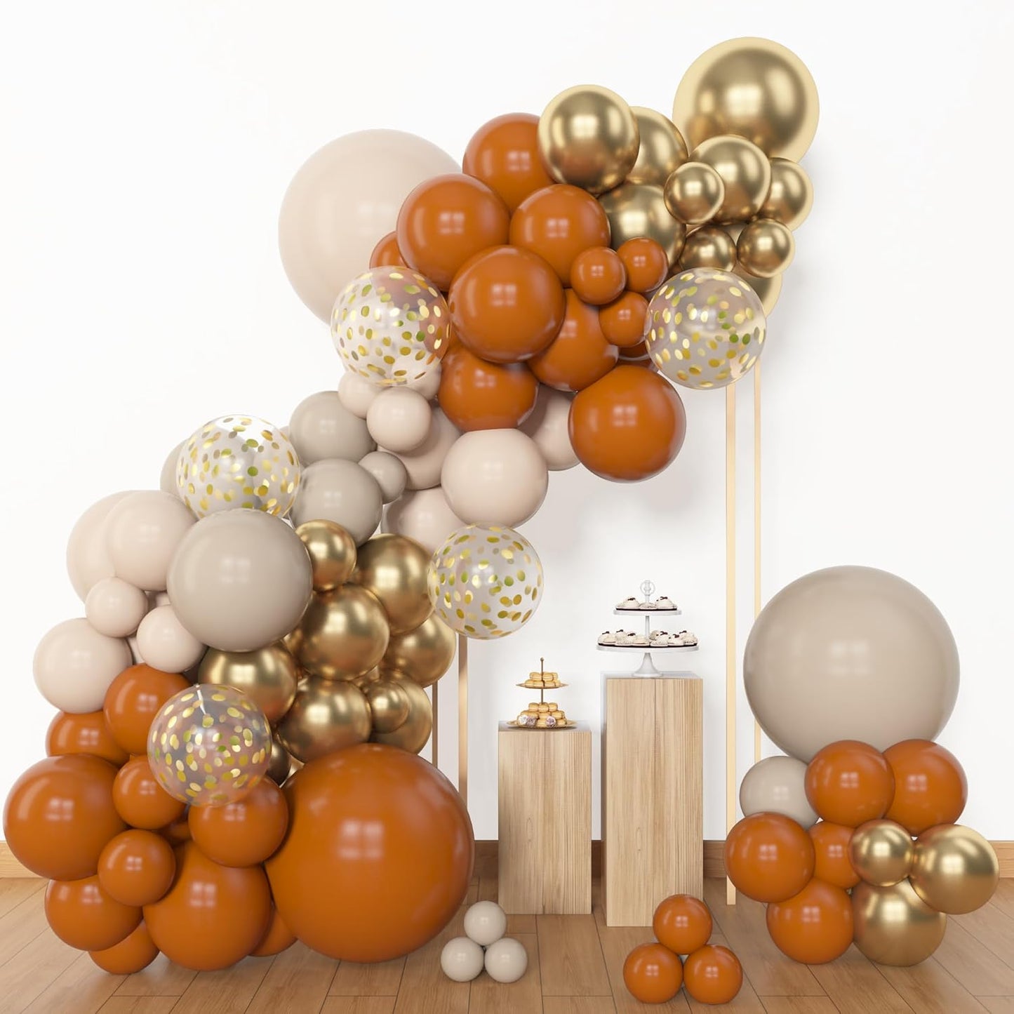 Amandir 153pcs Burnt Orange Balloon Garland Arch Kit, Different Sizes 18 12 10 5inch White Sand Nude Latex Metallic Gold Confetti Thanksgiving Fall Balloons for Baby Shower Birthday Party Decorations