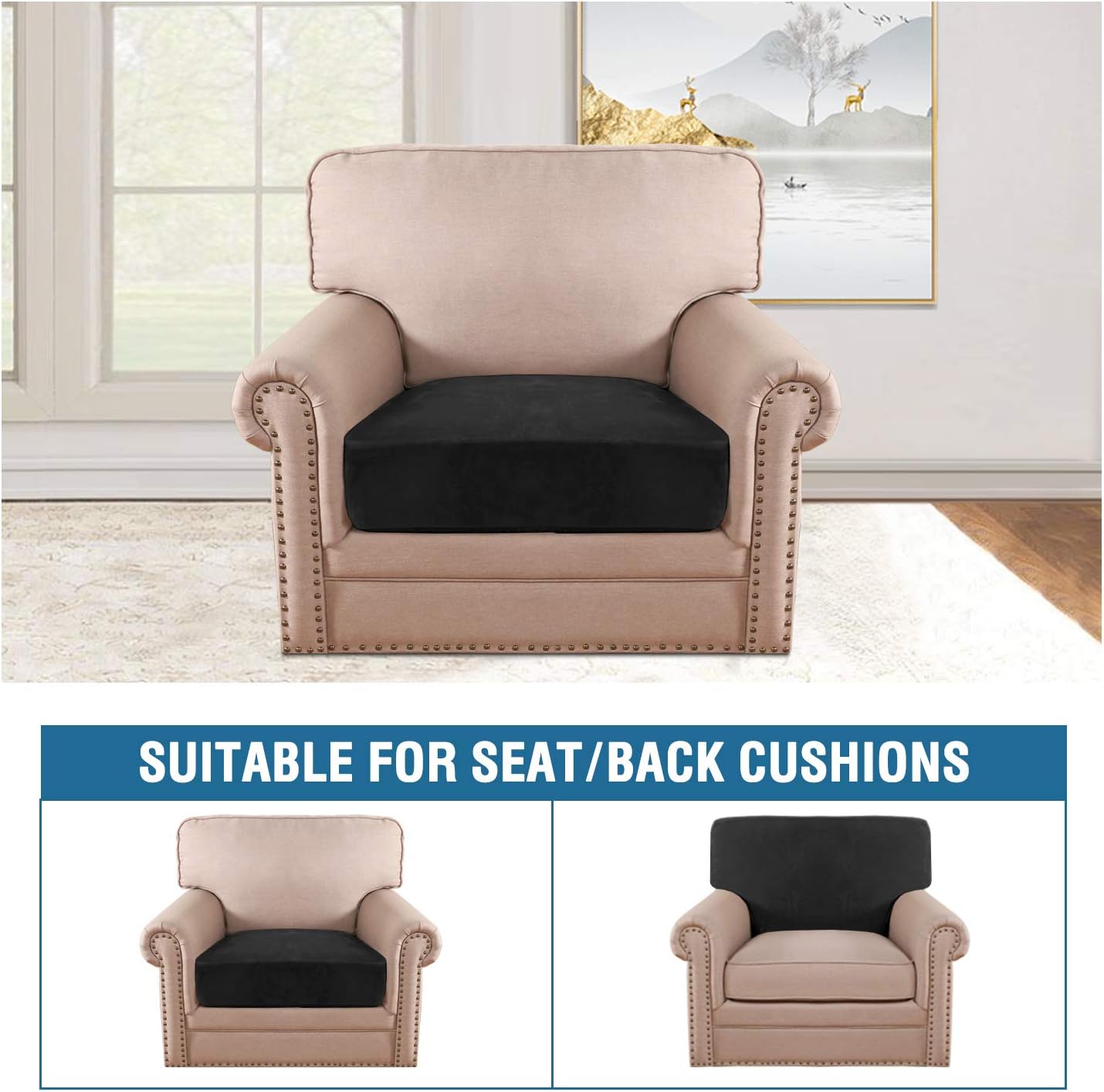 H.VERSAILTEX Velvet Stretch Couch Cushion Cover Plush Cushion Slipcover for Chair Cushion Furniture Protector Seat Cushion Sofa Cover (1 Piece Armchair Cushion Covers, Black)