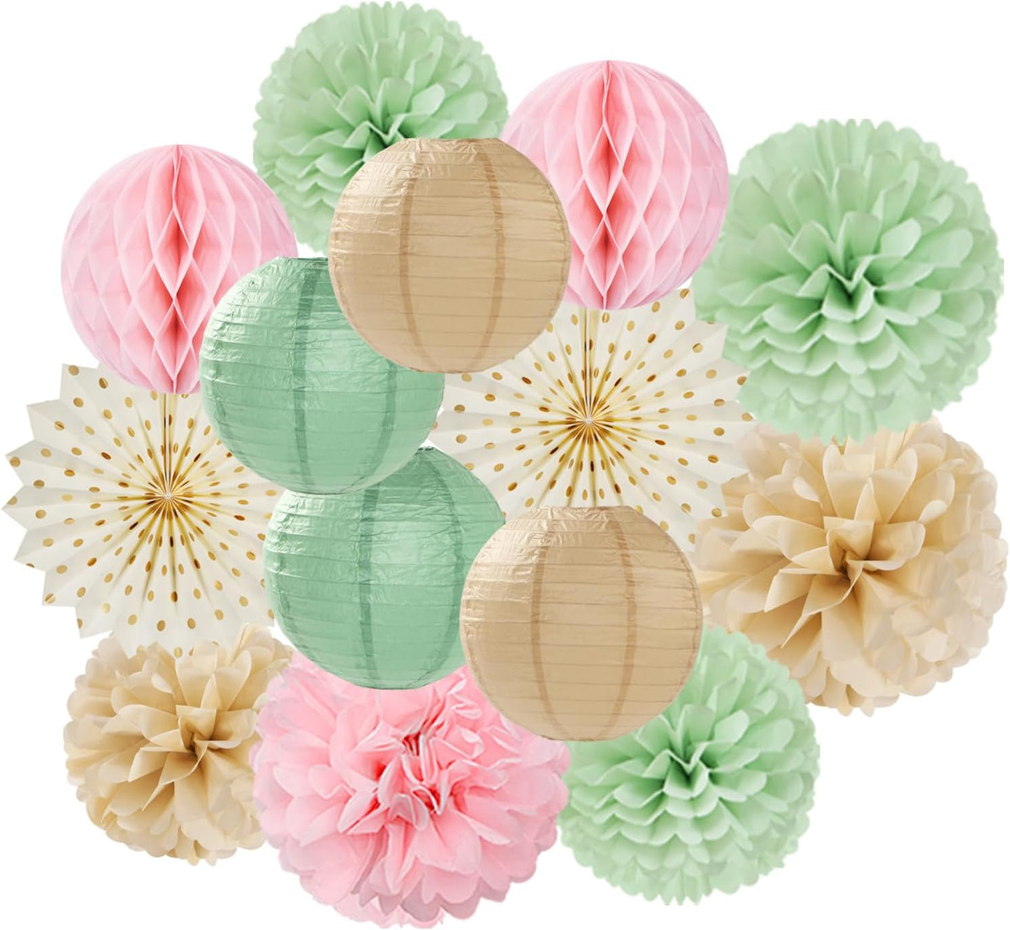 Sage-Green Pink-Champagne Party-Decorations Streamers Lanterns - 14pcs Neutral Baby Shower Paper Fan,Tissue Pom Poms,Honeycomb Balls,Boho Wedding Engagement Bachelorette Birthday Bridal Decor Ouruola