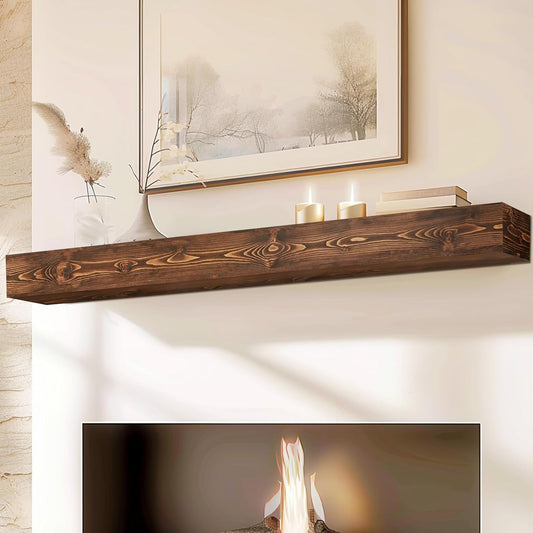 72x8x5 Fireplace Mantel - Handcrafted Hollow Rustic Solid Wood Wall Mounted Floating Shelf with Invisible Heavy Duty Wood Bracket (Weathered Brown)