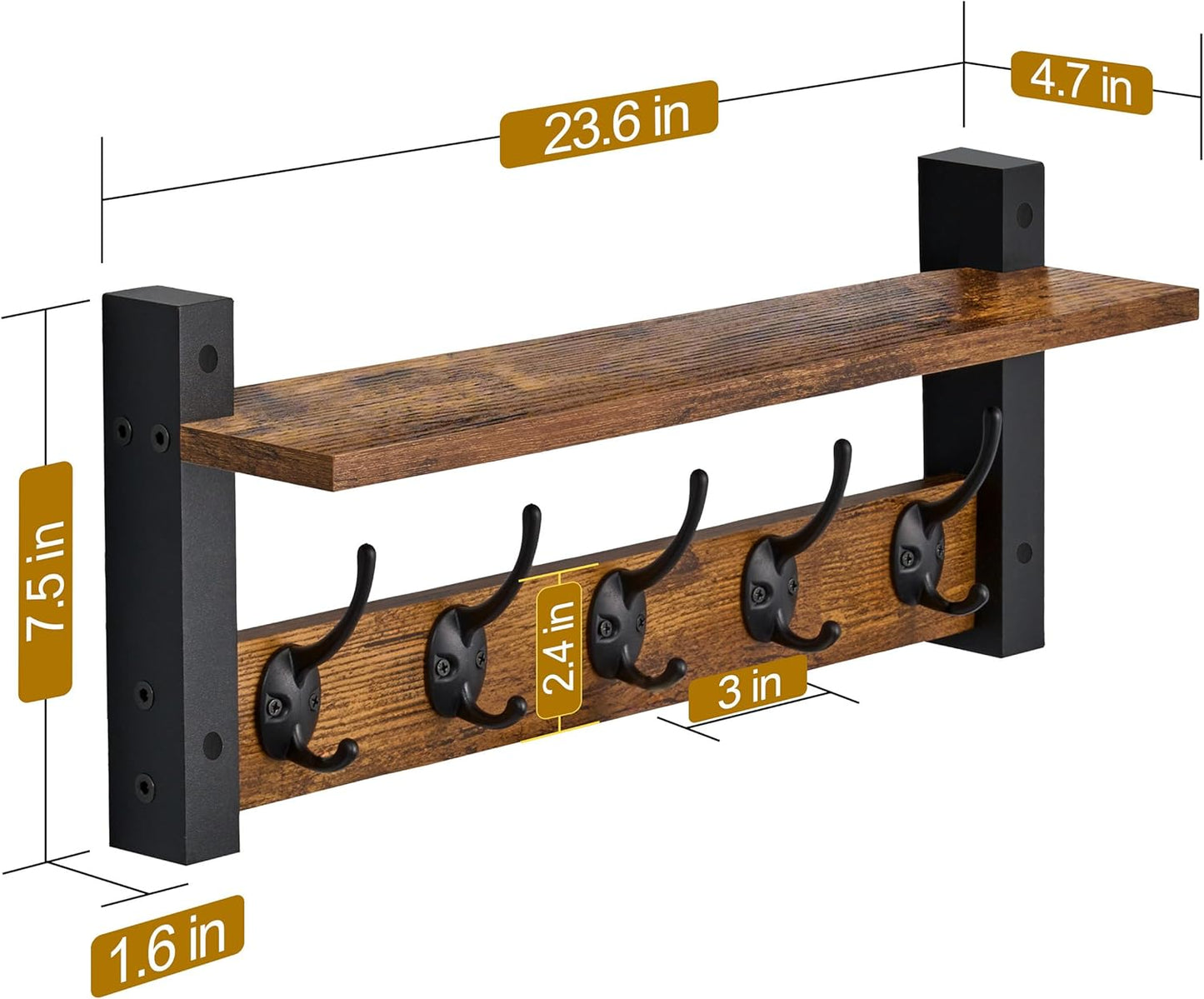 Sorbus Coat Hooks Wall Mount with Shelf – 24 Inch Coat Rack Wall Mount with 5 Heavy Duty Hooks – Floating Wall Shelf with Hooks for Entryway, Bathroom, Bedroom, Kitchen, or Mudroom (Rustic Brown)