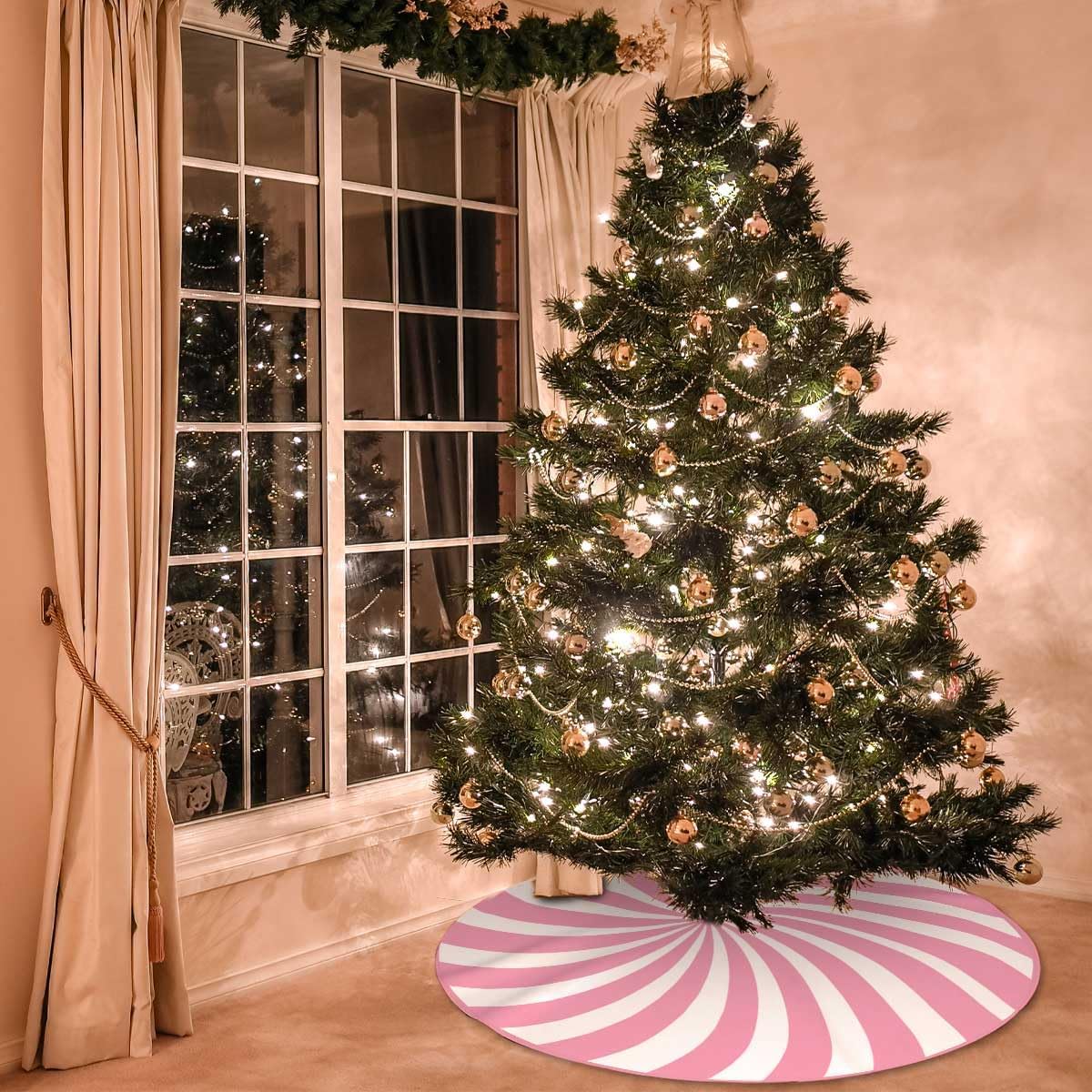 Swirl Stripe Christmas Tree Skirt 48 inches Sweet Candy Cane Pink Christmas Decorations Xmas Tree Mat Holiday Party Home Decorations (Pink, 48in)