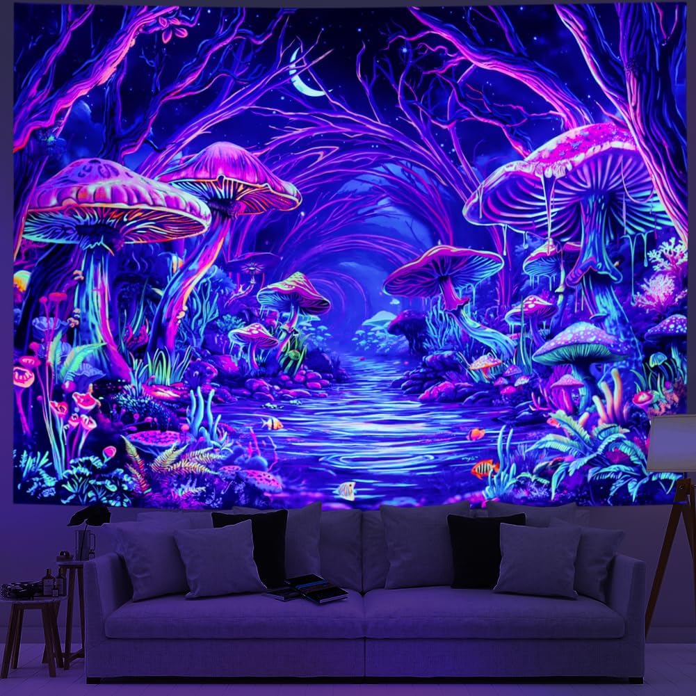 Yuiqear Blacklight Forest Tapestry UV Reactive Mushroom Tapestries Fantasy Landscape Wall Decor Aesthetic Plant Floral Tapestry Wall Hanging for Bedroom