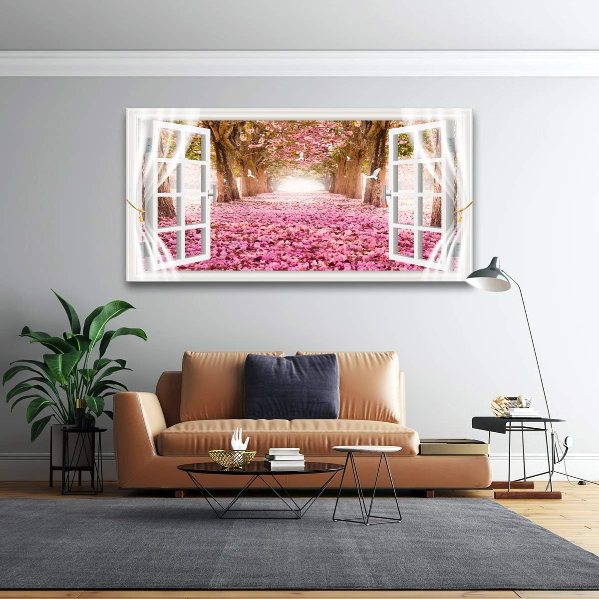 AH40174 Wall Art CanvasTrees and Pink Rose Paintings Printed Pictures Stretched and Framed Ready to Hang for Home Decorations Office Wall Decor Artwork 28x56inch