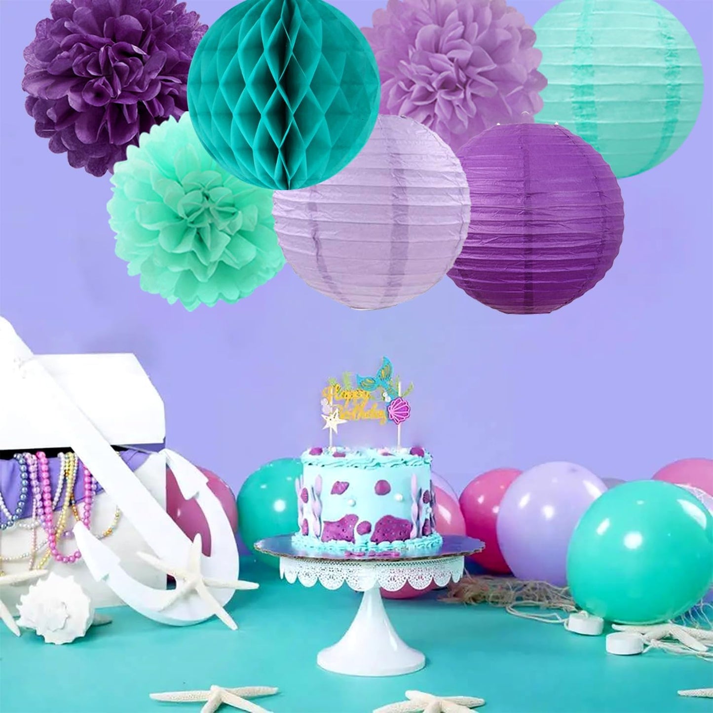 Teal-purple Lavender Girl Mermaid-birthday Party-decorations - 21pcs Happy Banner,Under The Sea Ocean Paper Lanterns Honeycomb Streamers,Tissue Pom Poms Flower Fan,Classroom Hanging Decor Huglony