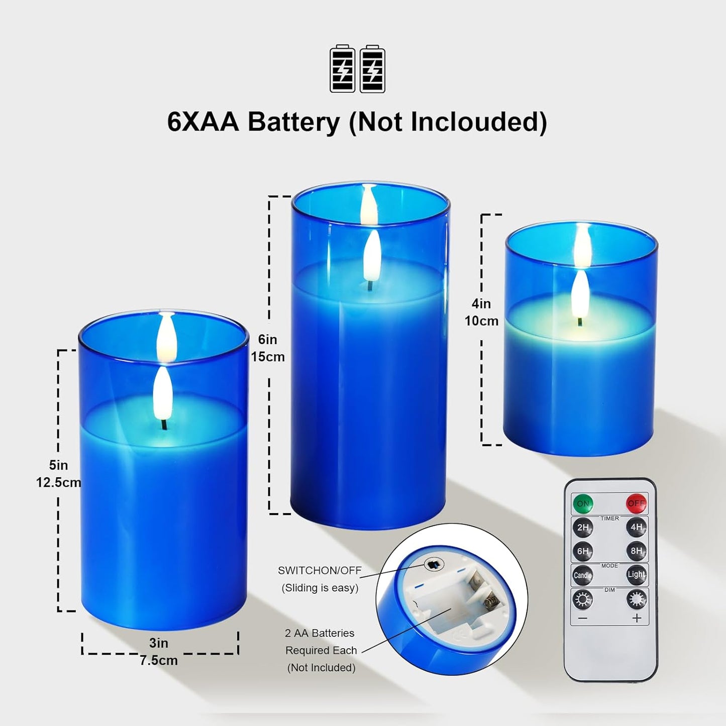 Amagic Blue Glass Flameless Candles with Remote, Battery Operated Candles, Real Wax LED Candles with Timer, Flickering Fake Pillar Candle for Theme Party, Hanukkah Holiday Decor, 3D Wick, Set of 3