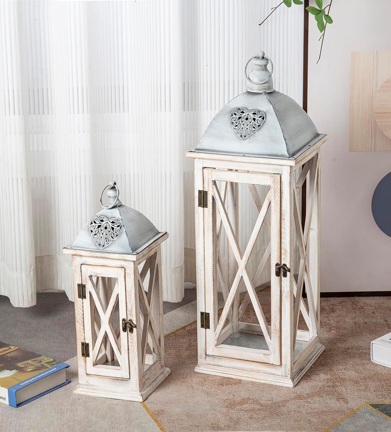 Set of 2 Large Farmhouse Wooden Metal Lanterns, Rustic Decorative Floor Candle Lanterns, Whitewash Distressed Hanging Lanterns for Home Decor (No Glass)