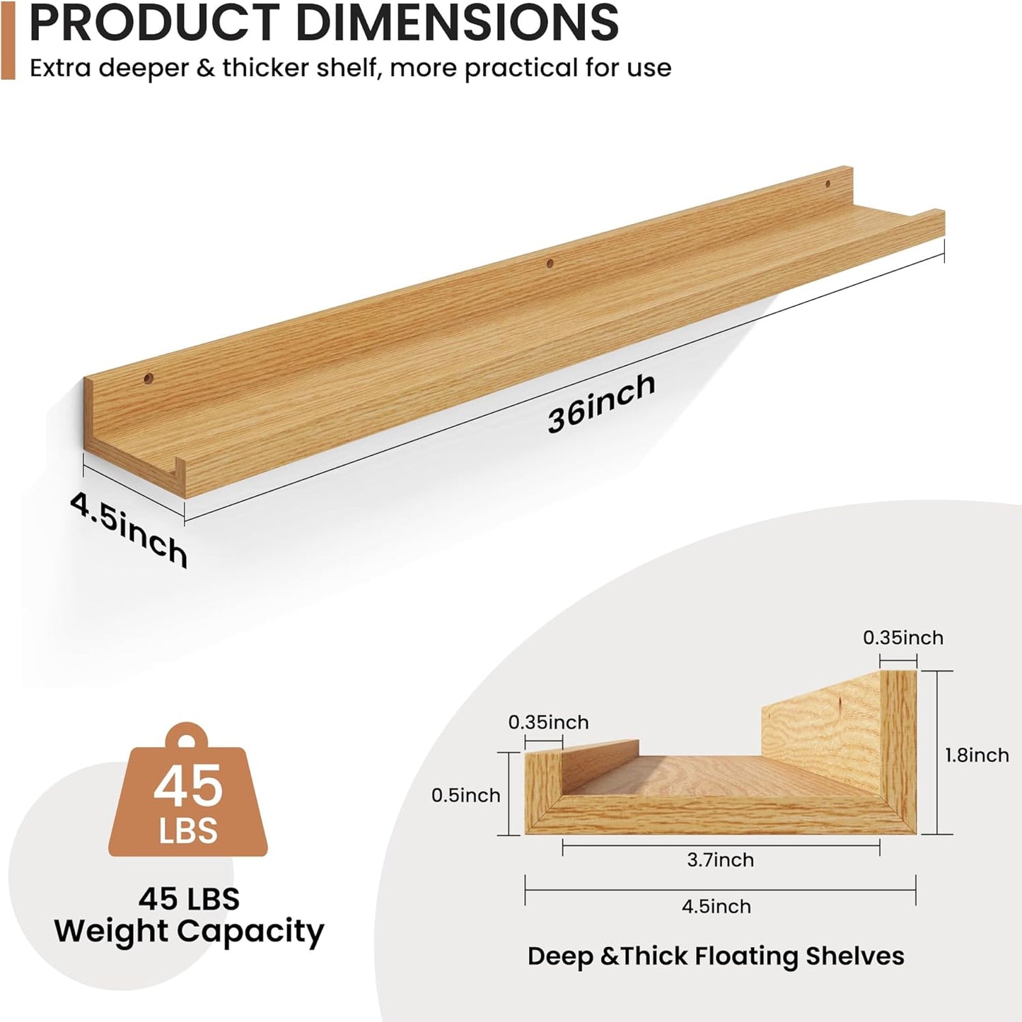 Fun Memories Picture Ledge Shelves Set of 2, 36 Inch Rustic Wall Mounted Floating Shelves with Lip for Home Storage and Décor in Bathroom, Kitchen, Nursery, Bedroom, Living Room, Oak