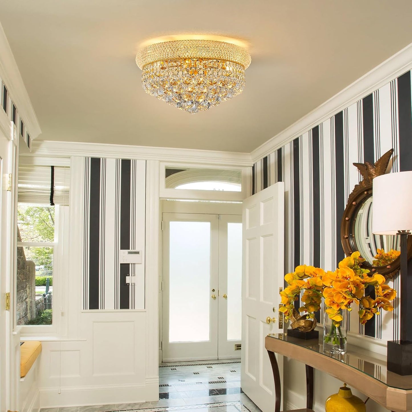 7-Light Crystal Flush Mount Chandelier Ceiling Light Fixture for Living Room Dining Room Bedroom Foyer Entryway Hallway Closet Bathroom (Gold D18)