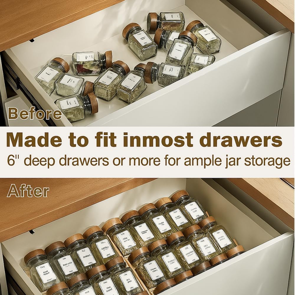 Bamboo Spice Rack Organizer - 3 Tier Foldable Wooden Spice Rack for Countertop, Cabinet & Drawer- Organic Bamboo-Extra Sturdy Wooden Spice Shelf, No Spice Jars Included