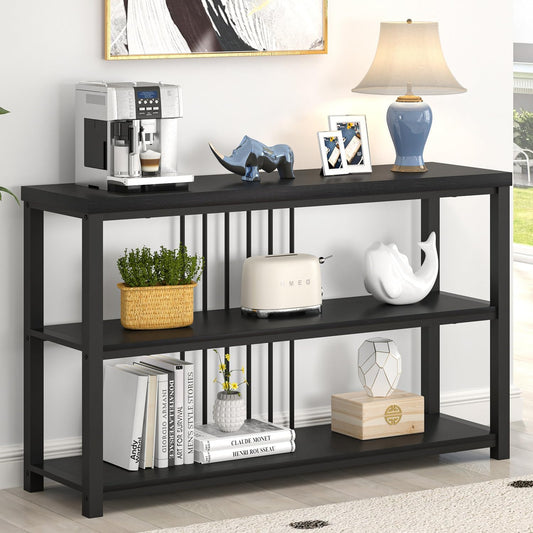 FOLUBAN Entryway Table, Modern Sofa Console Table with 3 Tier Storage Shelf for Living Room Hallway Foyer, Industrial Black Oak