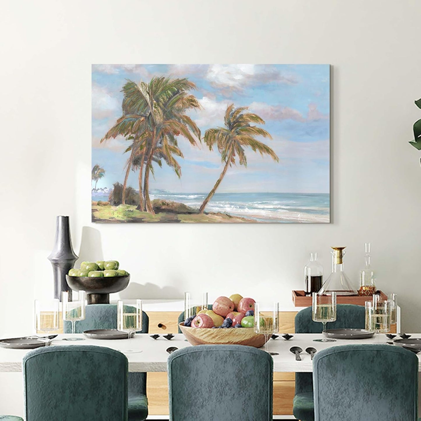 cozy country Palm Tree Wall Art 45"x30" - Coastal Pictures Beach Canvas Ocean Decor - Nautical Artwork Seascape Hand Painting for Living Room, Bedroom, Sea House