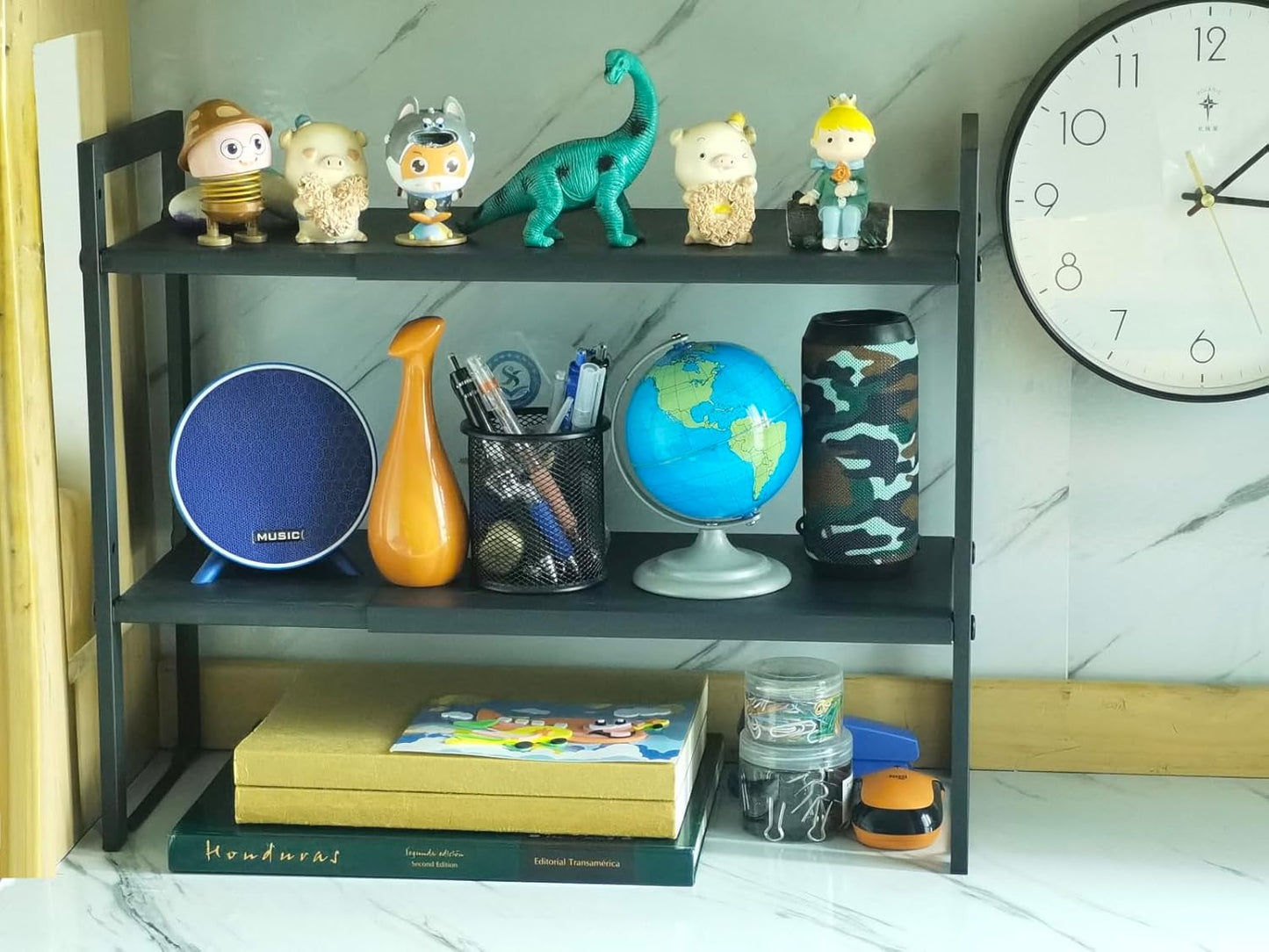 2 Tier Expandable Cabinet Shelf Organizer 14.5-25" L Kitchen Counter Shelf Rack Stand Sink Riser Countertop Storage Black (Normal 7.9”D)