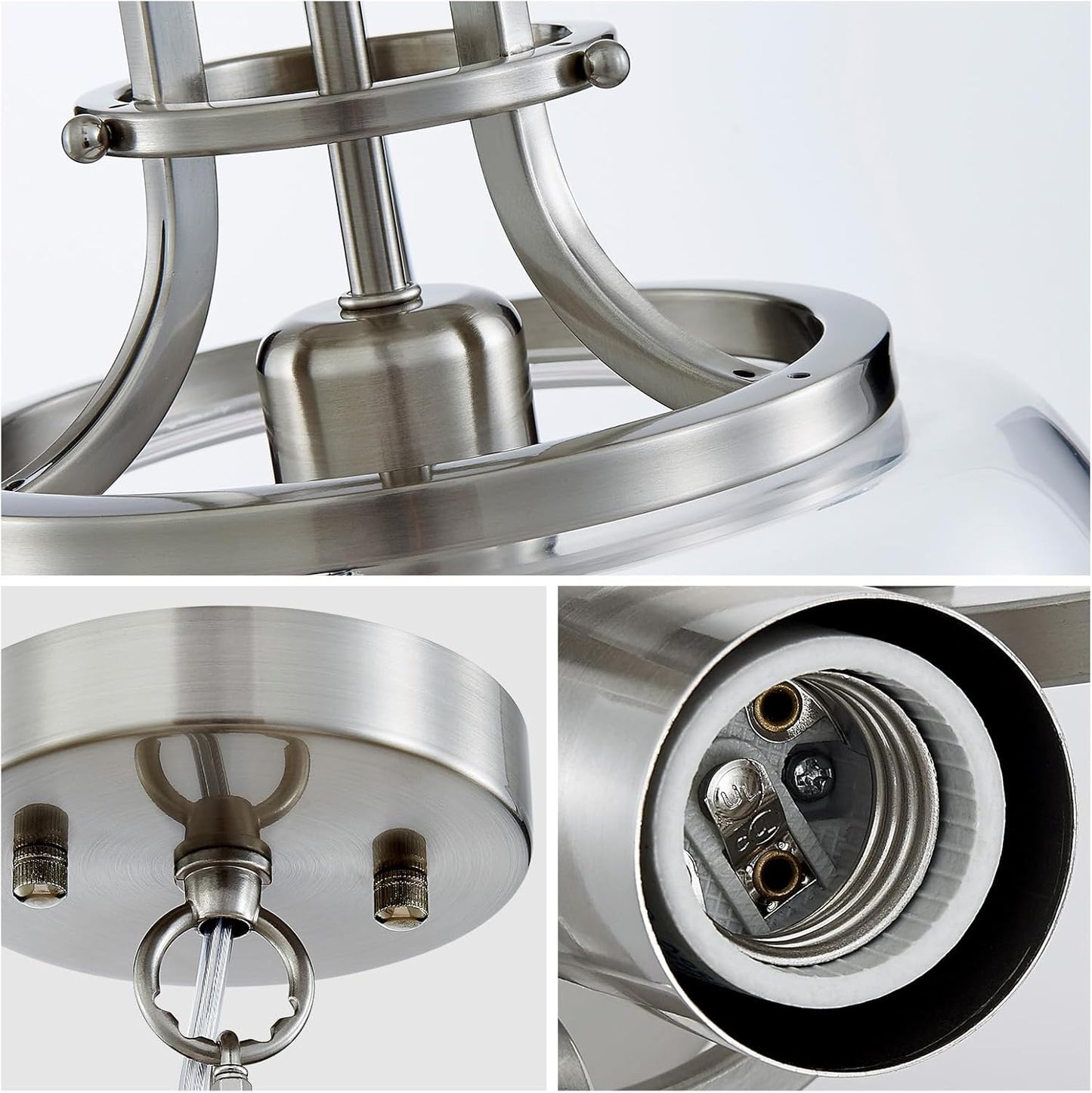 WUZUPS Chandelier Rustic Farmhouse Industrial Round Ceiling Pendant LED Light Fixture with Clear Glass Shades for Dining Room Kitchen Island Foyer Entryway, H 13" x W 10", E26 Base, Brushed Nickel