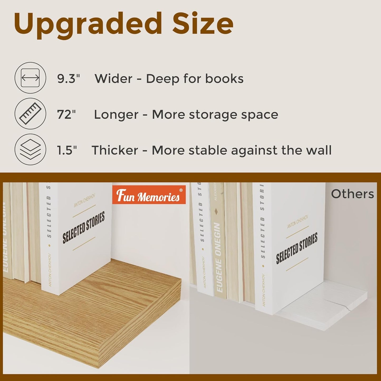 72 Inch Floating Shelves, 72 x 9 Rustic Wooden Fireplace Mantel, 9 Inch Floating Shelf for Wall, Farmhouse Wall Shelves for Home Storage & Display, Oak Color, Set of 1