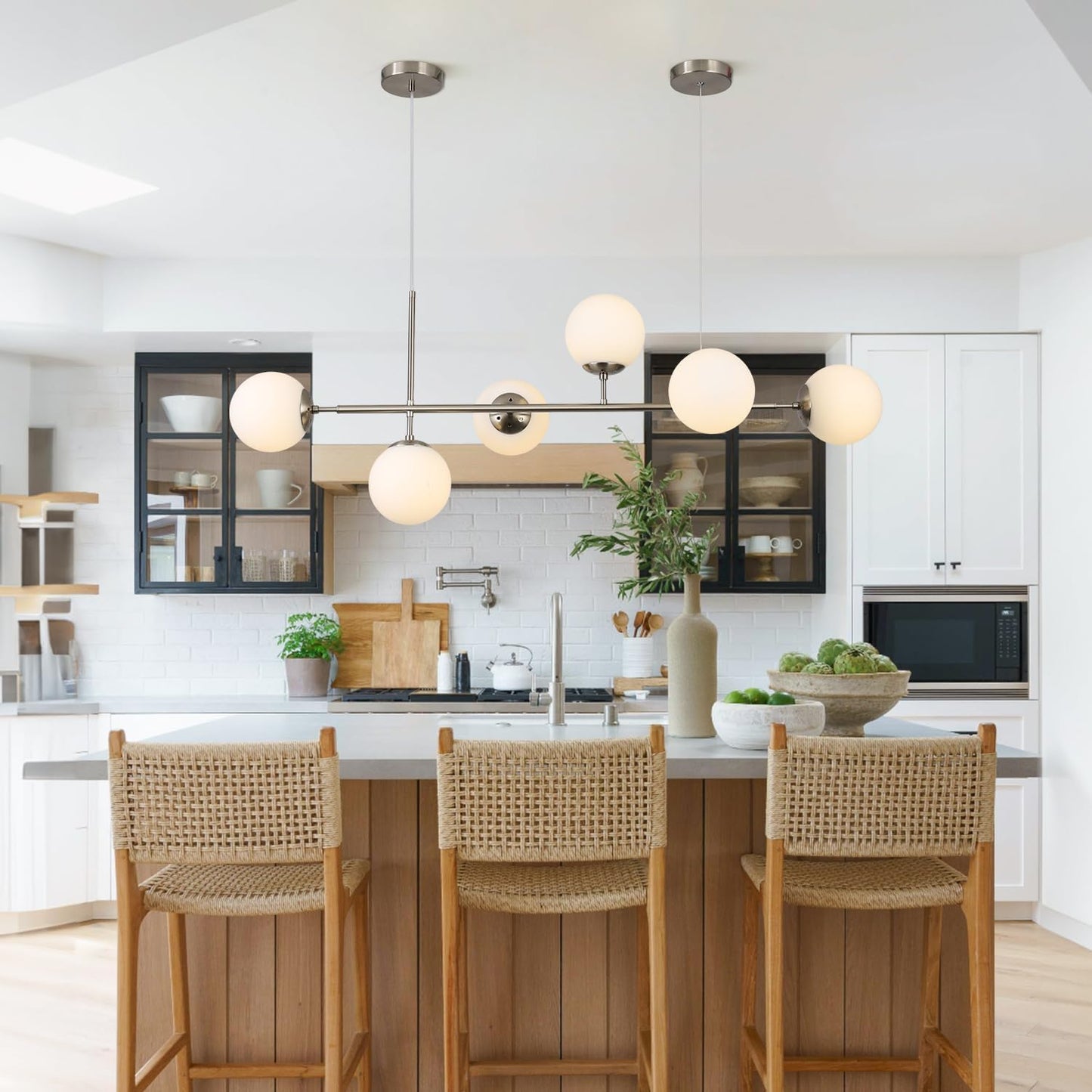 KCO Modern Silver Milk Glass Pendant Light 6 Light Pendant Light Fixture Chandelier Brushed Nickel Chandelier Modern Hanging Linear Light Fixture for Dining Room Kitchen Island