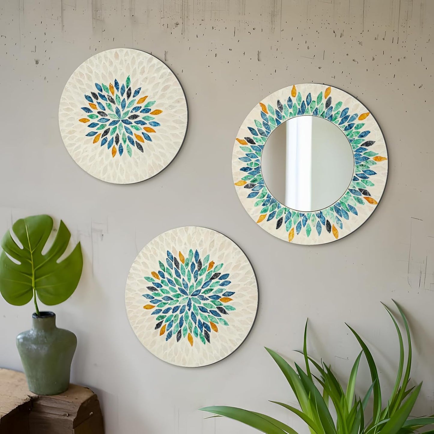 TEIPAI Jewel-Tone Mother of Pearl Mirror Wall Decor for Living Room, 3PCS Handmade Round Wall Art for Home Guest Room Decoration, Unique Mosaic Art Gift for Birthday Wedding Housewarming (Colored)